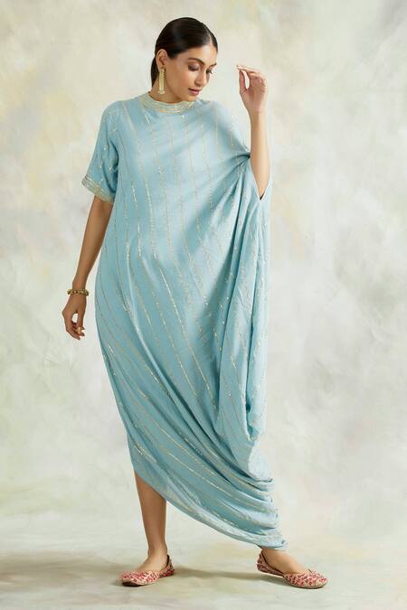 Palak & Mehak Blue Rayon Crepe Gota Work, Thread Work, Stripes Round Neck Cowl Dress Online at Aza Fashions Palak & Mehak_Blue Rayon Crepe Gota Work, Thread Work, Stripes Round Neck Cowl Dress _Online_at_Aza_Fashions