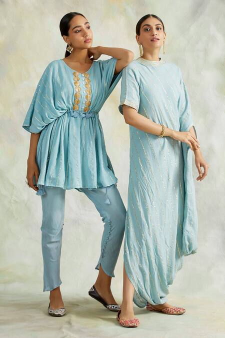 Buy Palak & Mehak Blue Rayon Crepe Gota Work, Thread Work, Stripes Round Neck Cowl Dress Online at Aza Fashions Buy_Palak & Mehak_Blue Rayon Crepe Gota Work, Thread Work, Stripes Round Neck Cowl Dress _Online_at_Aza_Fashions