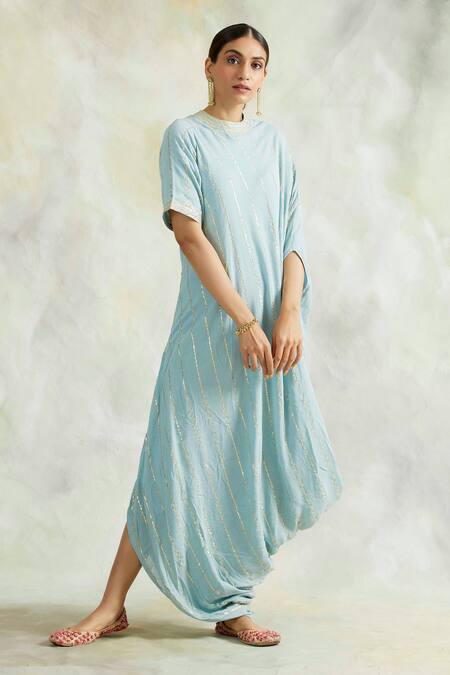 Shop Palak & Mehak Blue Rayon Crepe Gota Work, Thread Work, Stripes Round Neck Cowl Dress Online at Aza Fashions Shop_Palak & Mehak_Blue Rayon Crepe Gota Work, Thread Work, Stripes Round Neck Cowl Dress _Online_at_Aza_Fashions