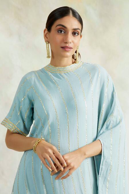 Palak & Mehak Blue Rayon Crepe Gota Work, Thread Work, Stripes Round Neck Cowl Dress at Aza Fashions Palak & Mehak_Blue Rayon Crepe Gota Work, Thread Work, Stripes Round Neck Cowl Dress _at_Aza_Fashions
