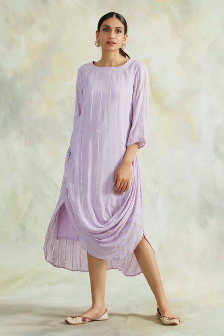 Palak & Mehak Purple Rayon Crepe Stripes Round Neck Cowl Dress Online at Aza Fashions Palak & Mehak_Purple Rayon Crepe Stripes Round Neck Cowl Dress _Online_at_Aza_Fashions