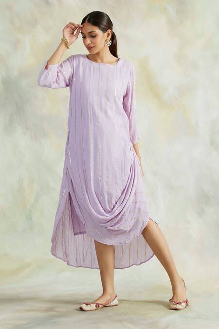 Buy Palak & Mehak Purple Rayon Crepe Stripes Round Neck Cowl Dress Online at Aza Fashions Buy_Palak & Mehak_Purple Rayon Crepe Stripes Round Neck Cowl Dress _Online_at_Aza_Fashions