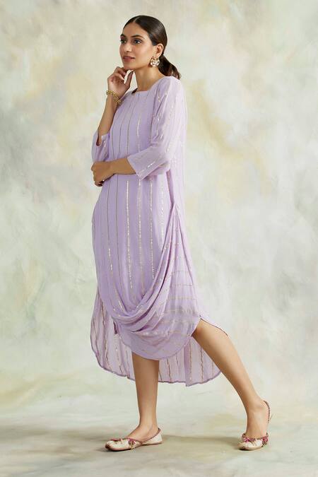 Shop Palak & Mehak Purple Rayon Crepe Stripes Round Neck Cowl Dress Online at Aza Fashions Shop_Palak & Mehak_Purple Rayon Crepe Stripes Round Neck Cowl Dress _Online_at_Aza_Fashions