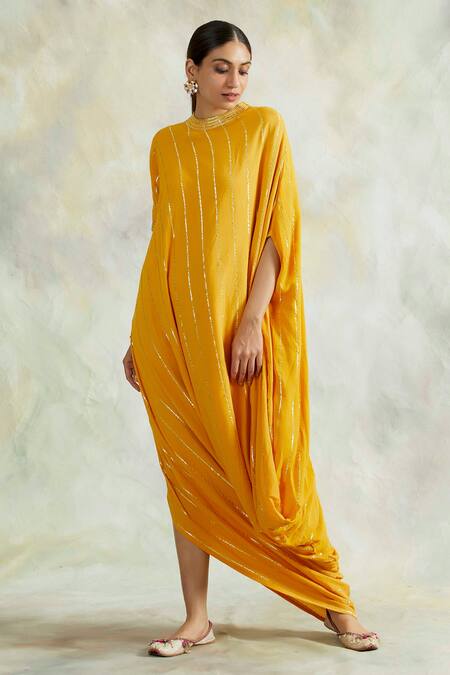 Palak & Mehak Yellow Rayon Crepe Gota Work, Thread Work, Stripes Round Neck Cowl Dress Online at Aza Fashions Palak & Mehak_Yellow Rayon Crepe Gota Work, Thread Work, Stripes Round Neck Cowl Dress _Online_at_Aza_Fashions