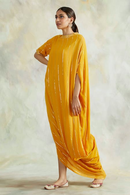 Buy Palak & Mehak Yellow Rayon Crepe Gota Work, Thread Work, Stripes Round Neck Cowl Dress Online at Aza Fashions Buy_Palak & Mehak_Yellow Rayon Crepe Gota Work, Thread Work, Stripes Round Neck Cowl Dress _Online_at_Aza_Fashions