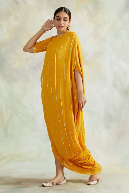 Shop Palak & Mehak Yellow Rayon Crepe Gota Work, Thread Work, Stripes Round Neck Cowl Dress Online at Aza Fashions Shop_Palak & Mehak_Yellow Rayon Crepe Gota Work, Thread Work, Stripes Round Neck Cowl Dress _Online_at_Aza_Fashions