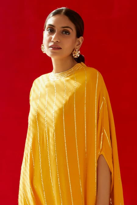 Palak & Mehak Yellow Rayon Crepe Gota Work, Thread Work, Stripes Round Neck Cowl Dress at Aza Fashions Palak & Mehak_Yellow Rayon Crepe Gota Work, Thread Work, Stripes Round Neck Cowl Dress _at_Aza_Fashions