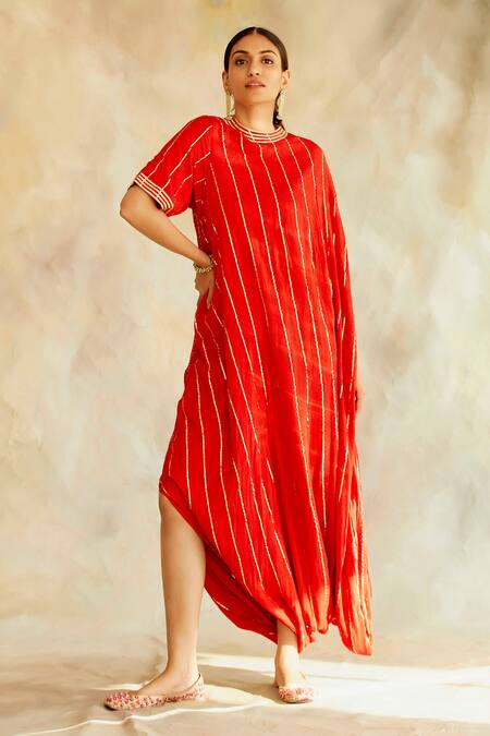 Buy Palak & Mehak Red Rayon Crepe Gota Work, Thread Work, Stripes Round Neck Cowl Dress Online at Aza Fashions Buy_Palak & Mehak_Red Rayon Crepe Gota Work, Thread Work, Stripes Round Neck Cowl Dress _Online_at_Aza_Fashions