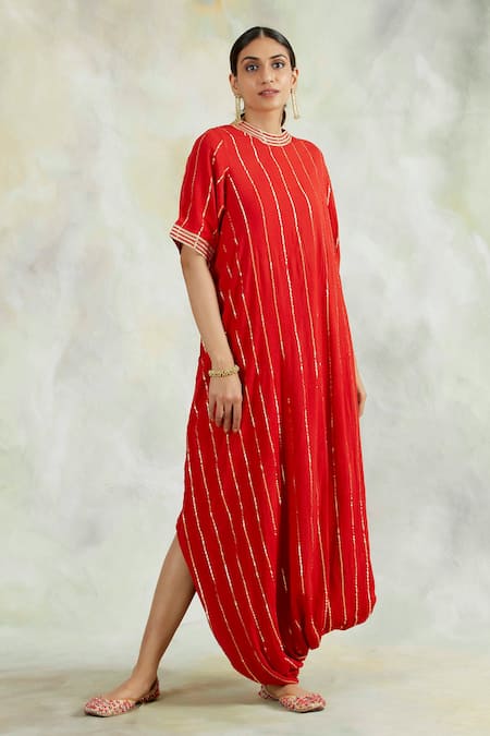 Palak & Mehak Red Rayon Crepe Gota Work, Thread Work, Stripes Round Neck Cowl Dress Online at Aza Fashions Palak & Mehak_Red Rayon Crepe Gota Work, Thread Work, Stripes Round Neck Cowl Dress _Online_at_Aza_Fashions