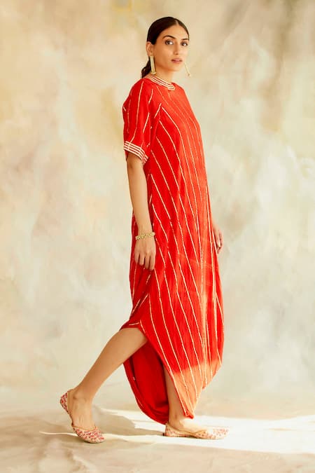 Shop Palak & Mehak Red Rayon Crepe Gota Work, Thread Work, Stripes Round Neck Cowl Dress Online at Aza Fashions Shop_Palak & Mehak_Red Rayon Crepe Gota Work, Thread Work, Stripes Round Neck Cowl Dress _Online_at_Aza_Fashions