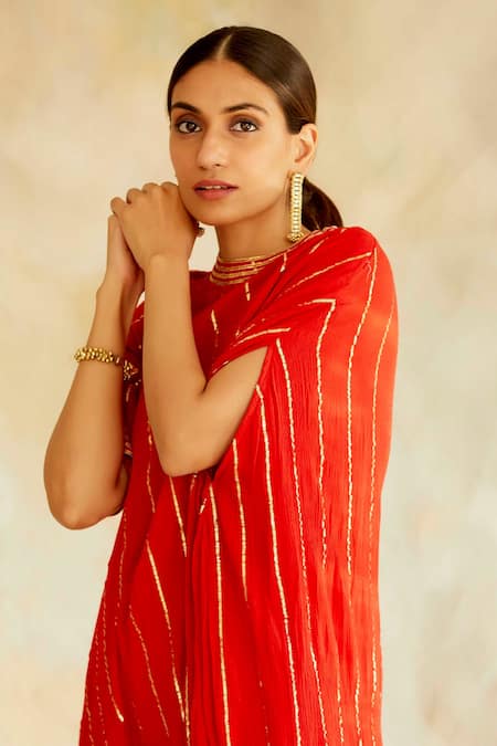 Palak & Mehak Red Rayon Crepe Gota Work, Thread Work, Stripes Round Neck Cowl Dress at Aza Fashions Palak & Mehak_Red Rayon Crepe Gota Work, Thread Work, Stripes Round Neck Cowl Dress _at_Aza_Fashions