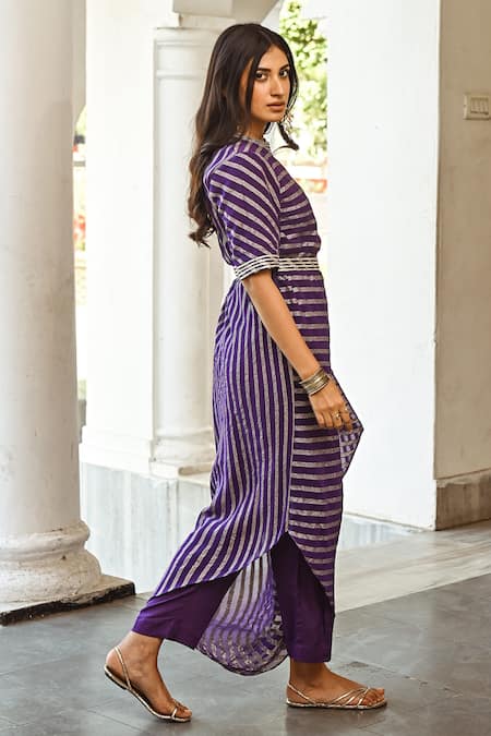 Shop Palak & Mehak Purple Pure Georgette Banarasi Chevron, Gota Patti Striped Cowl Tunic And Pant Set at Aza Fashions Shop_Palak & Mehak_Purple Pure Georgette Banarasi Chevron, Gota Patti Striped Cowl Tunic And Pant Set _at_Aza_Fashions