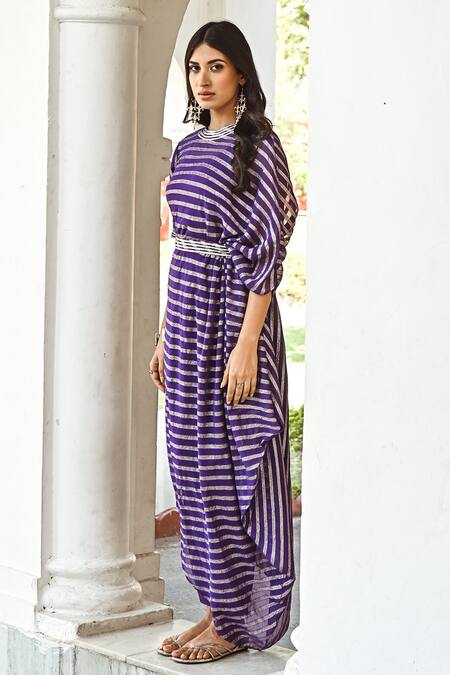 Shop Palak & Mehak Purple Pure Georgette Banarasi Chevron, Gota Patti Striped Cowl Tunic And Pant Set Online at Aza Fashions Shop_Palak & Mehak_Purple Pure Georgette Banarasi Chevron, Gota Patti Striped Cowl Tunic And Pant Set _Online_at_Aza_Fashions