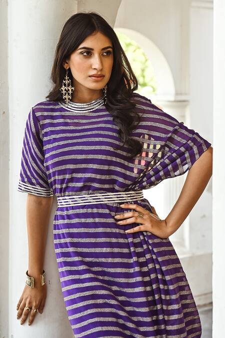 Palak & Mehak Purple Pure Georgette Banarasi Chevron, Gota Patti Striped Cowl Tunic And Pant Set at Aza Fashions Palak & Mehak_Purple Pure Georgette Banarasi Chevron, Gota Patti Striped Cowl Tunic And Pant Set _at_Aza_Fashions