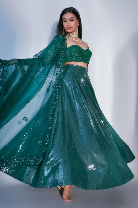Premya By Manishii_Green Blouse Net (lining Butter Crepe) Lehenga Sequin Embroidered Set _Online_at_Aza_Fashions