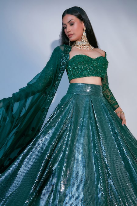 Buy_Premya By Manishii_Green Blouse Net (lining Butter Crepe) Lehenga Sequin Embroidered Set _Online_at_Aza_Fashions