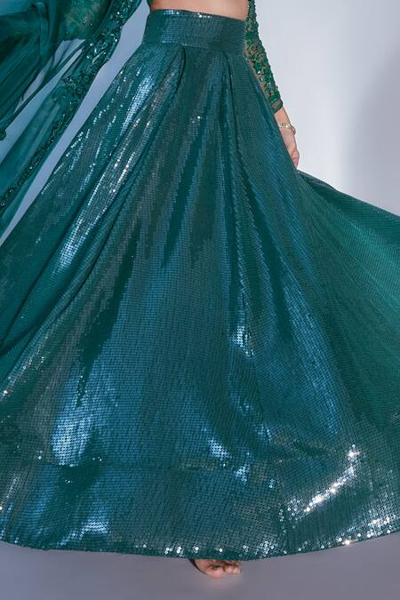 Shop_Premya By Manishii_Green Blouse Net (lining Butter Crepe) Lehenga Sequin Embroidered Set _Online_at_Aza_Fashions
