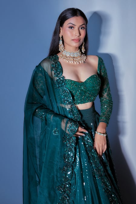 Premya By Manishii_Green Blouse Net (lining Butter Crepe) Lehenga Sequin Embroidered Set _at_Aza_Fashions