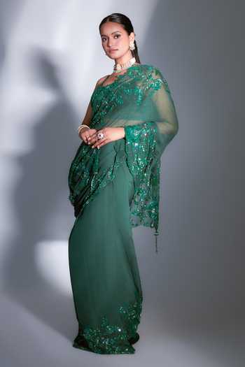 Premya By Manishii_Green Saree Georgette Blouse Tulle Cutdana, Pearls, Sequins With Embroidered_Online_at_Aza_Fashions