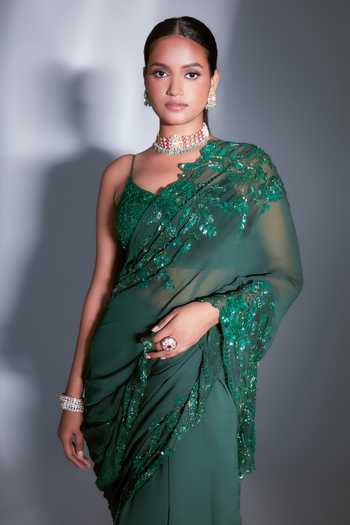 Buy_Premya By Manishii_Green Saree Georgette Blouse Tulle Cutdana, Pearls, Sequins With Embroidered_Online_at_Aza_Fashions