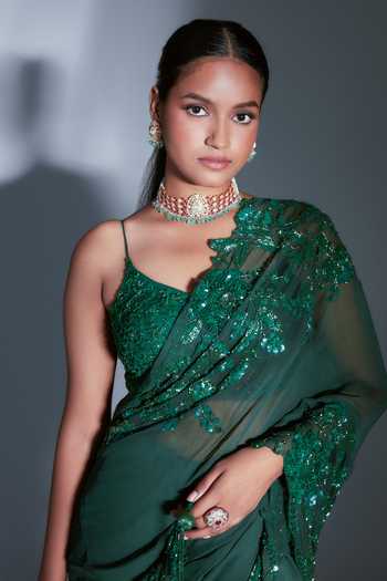 Shop_Premya By Manishii_Green Saree Georgette Blouse Tulle Cutdana, Pearls, Sequins With Embroidered_Online_at_Aza_Fashions