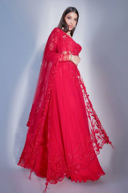 Premya By Manishii_Red Cutdana, Sequins, Beads, Poth Georgette Floral Embroidered Lehenga Set _Online_at_Aza_Fashions