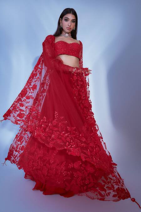 Buy_Premya By Manishii_Red Cutdana, Sequins, Beads, Poth Georgette Floral Embroidered Lehenga Set _Online_at_Aza_Fashions