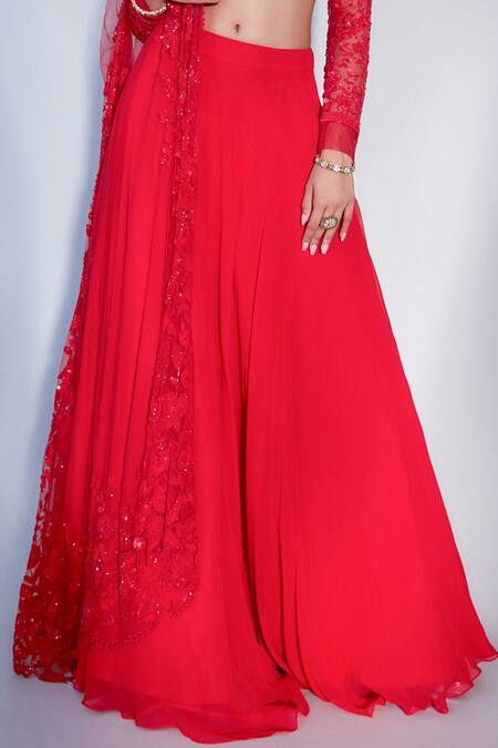 Shop_Premya By Manishii_Red Cutdana, Sequins, Beads, Poth Georgette Floral Embroidered Lehenga Set _Online_at_Aza_Fashions