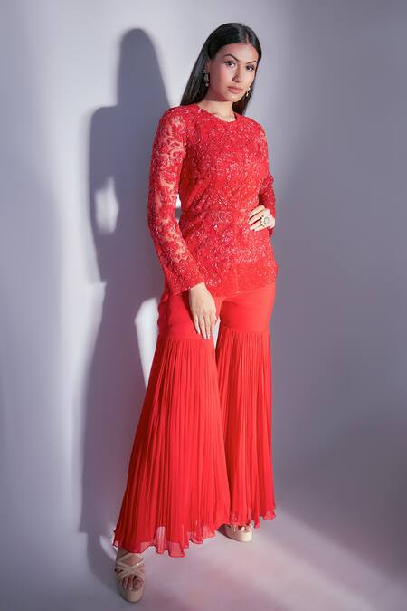 Shop Premya By Manishii Red Sharara Georgette Jacket Net Bead Round And Set at Aza Fashions Shop_Premya By Manishii_Red Sharara Georgette Jacket Net Bead Round And Set _at_Aza_Fashions