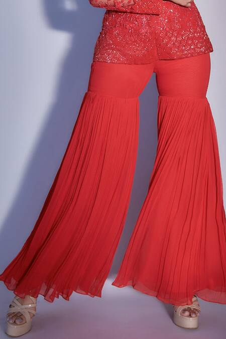 Shop Premya By Manishii Red Sharara Georgette Jacket Net Bead Round And Set Online at Aza Fashions Shop_Premya By Manishii_Red Sharara Georgette Jacket Net Bead Round And Set _Online_at_Aza_Fashions