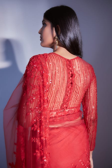Shop_Premya By Manishii_Red Tulle, Polyester Sequins Crew Neck Saree With Embroidered Blouse _at_Aza_Fashions
