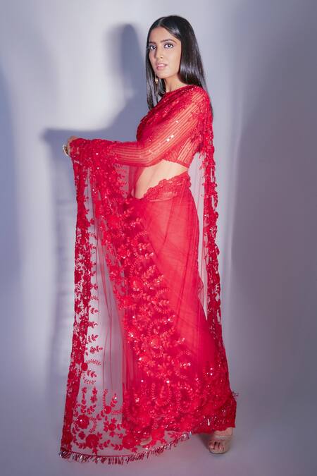 Premya By Manishii_Red Tulle, Polyester Sequins Crew Neck Saree With Embroidered Blouse _Online_at_Aza_Fashions