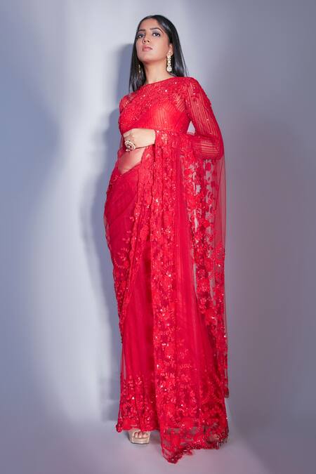 Buy_Premya By Manishii_Red Tulle, Polyester Sequins Crew Neck Saree With Embroidered Blouse _Online_at_Aza_Fashions