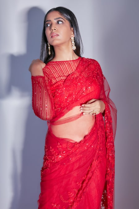 Shop_Premya By Manishii_Red Tulle, Polyester Sequins Crew Neck Saree With Embroidered Blouse _Online_at_Aza_Fashions