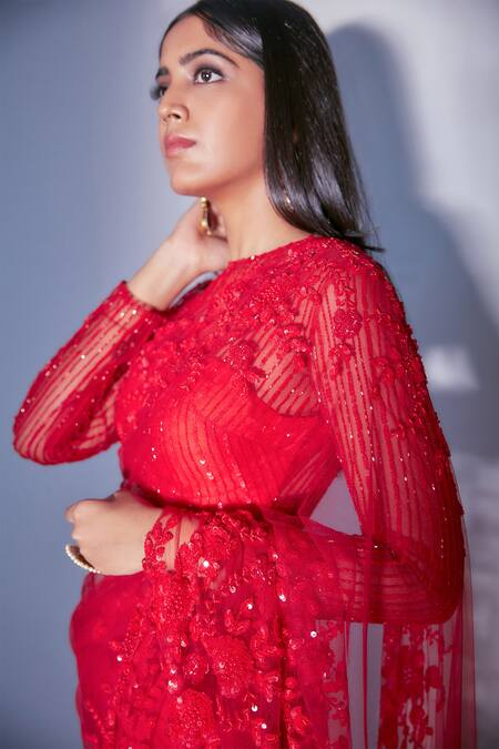 Premya By Manishii_Red Tulle, Polyester Sequins Crew Neck Saree With Embroidered Blouse _at_Aza_Fashions