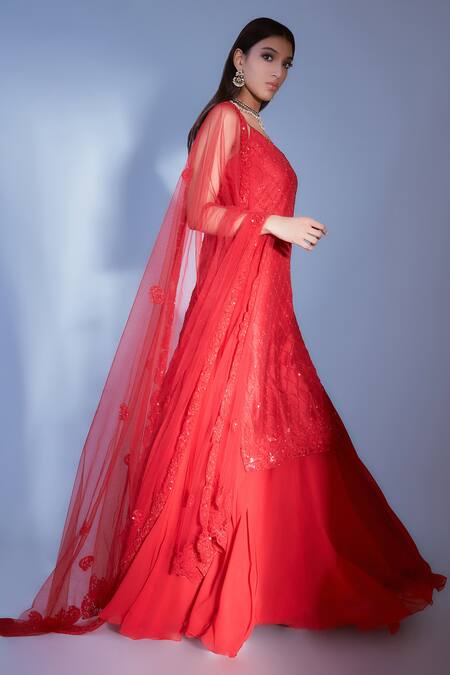 Premya By Manishii_Red Kurta Silk Lehenga Georgette Dupatta Tulle Cutdana, Embroidered Set_Online_at_Aza_Fashions