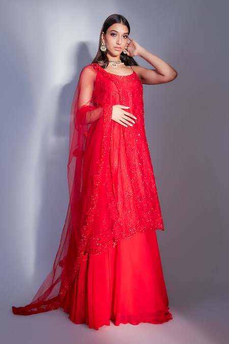 Buy_Premya By Manishii_Red Kurta Silk Lehenga Georgette Dupatta Tulle Cutdana, Embroidered Set_Online_at_Aza_Fashions