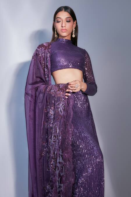 Buy_Premya By Manishii_Purple Organza, Pleated Sequin High Neck Embroidered Lehenga Set_Online_at_Aza_Fashions