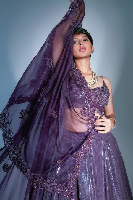 Buy_Premya By Manishii_Purple Organza, Georgette Pleated Sequin V Neck Embroidered Lehenga Set_Online_at_Aza_Fashions