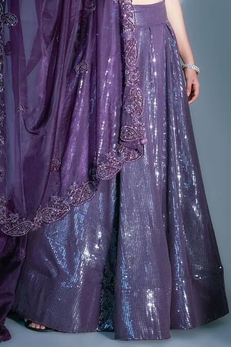 Shop_Premya By Manishii_Purple Organza, Georgette Pleated Sequin V Neck Embroidered Lehenga Set_Online_at_Aza_Fashions