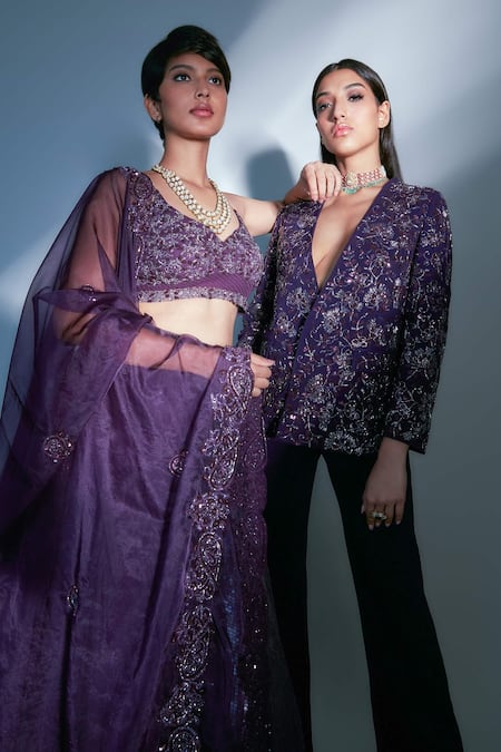 Buy_Premya By Manishii_Purple Georgette Italian Cady Cutdana, Pearls, Hand Embroidered Pant Set_Online_at_Aza_Fashions