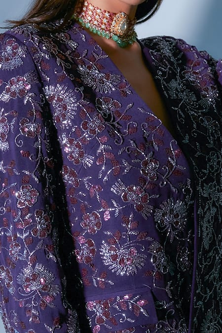 Shop_Premya By Manishii_Purple Georgette Italian Cady Cutdana, Pearls, Hand Embroidered Pant Set_Online_at_Aza_Fashions