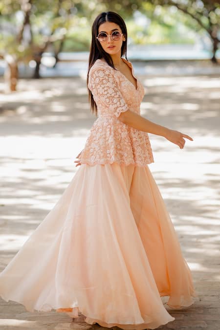 Nikita Vishakha_Peach Gharara Organza Peplum Tulle Dori, Moti Plunge V Neck Top And Set _Online_at_Aza_Fashions