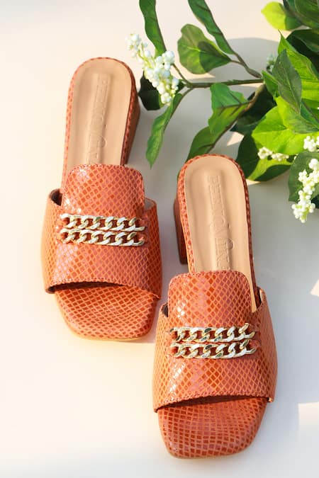 PHENOMINAAL Orange Embellishments Dull Double Chain Block Heels