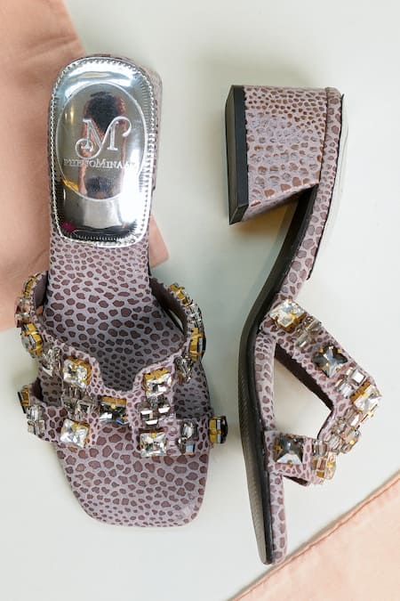 Shop PHENOMINAAL Gray Embroidered Block Heels at Aza Fashions Shop_PHENOMINAAL_Gray Embroidered Block Heels _at_Aza_Fashions