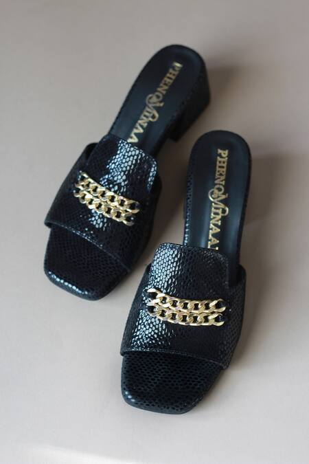 Shop PHENOMINAAL Black Embellishments Cinder Double Chain Block Heels at Aza Fashions Shop_PHENOMINAAL_Black Embellishments Cinder Double Chain Block Heels _at_Aza_Fashions