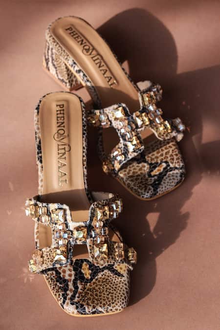 Shop PHENOMINAAL Beige Printed Snake Block Heels at Aza Fashions Shop_PHENOMINAAL_Beige Printed Snake Block Heels _at_Aza_Fashions
