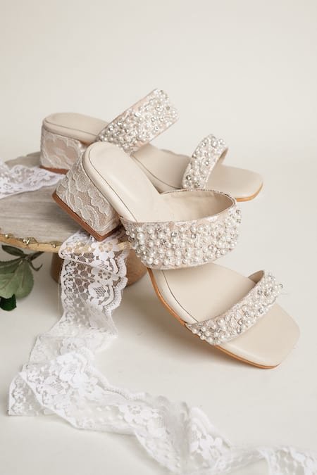PHENOMINAAL Off White Embellishments Strap Block Heels Online at Aza Fashions PHENOMINAAL_Off White Embellishments Strap Block Heels _Online_at_Aza_Fashions