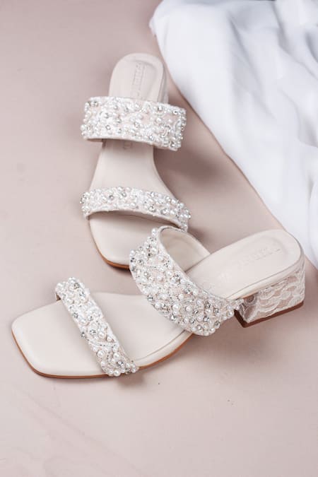 Shop PHENOMINAAL Off White Embellishments Strap Block Heels Online at Aza Fashions Shop_PHENOMINAAL_Off White Embellishments Strap Block Heels _Online_at_Aza_Fashions