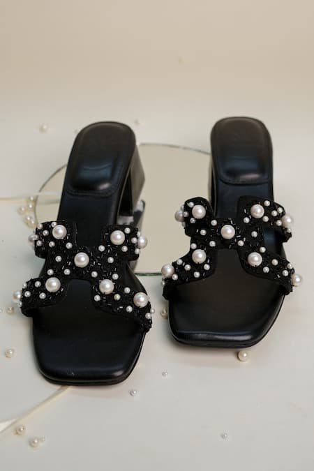 Shop PHENOMINAAL Black Embroidered Block Heels at Aza Fashions Shop_PHENOMINAAL_Black Embroidered Block Heels _at_Aza_Fashions